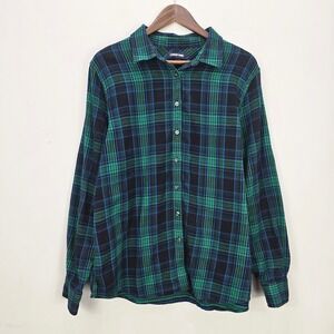 Lands End Womens Plaid Flannel Shirt Top‎ 16 Green Plaid Long Sleeve Button Up